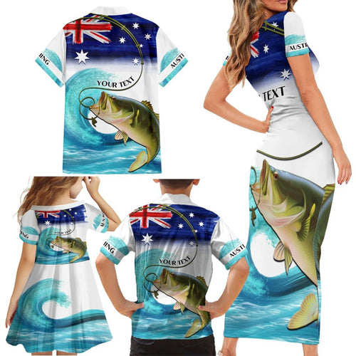 Personalised Australia Fishing Family Matching Short Sleeve Bodycon Dress and Hawaiian Shirt Barramundi With Ocean Waves Flag Grunge Style