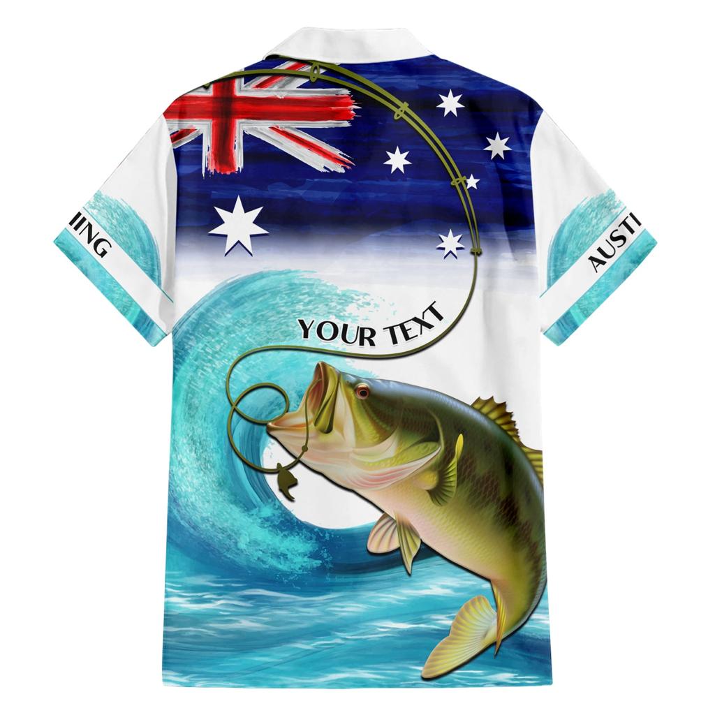 Personalised Australia Fishing Family Matching Short Sleeve Bodycon Dress and Hawaiian Shirt Barramundi With Ocean Waves Flag Grunge Style