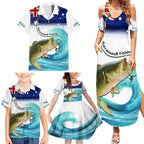 Personalised Australia Fishing Family Matching Summer Maxi Dress and Hawaiian Shirt Barramundi With Ocean Waves Flag Grunge Style
