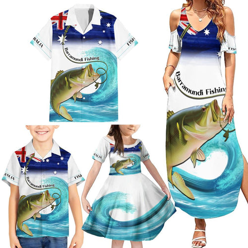 Personalised Australia Fishing Family Matching Summer Maxi Dress and Hawaiian Shirt Barramundi With Ocean Waves Flag Grunge Style