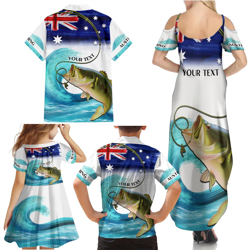 Personalised Australia Fishing Family Matching Summer Maxi Dress and Hawaiian Shirt Barramundi With Ocean Waves Flag Grunge Style