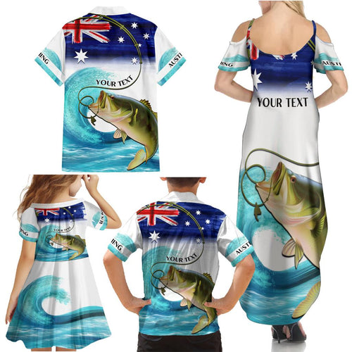 Personalised Australia Fishing Family Matching Summer Maxi Dress and Hawaiian Shirt Barramundi With Ocean Waves Flag Grunge Style