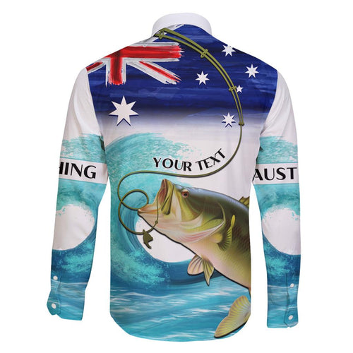 Personalised Australia Fishing Family Matching Summer Maxi Dress and Hawaiian Shirt Barramundi With Ocean Waves Flag Grunge Style