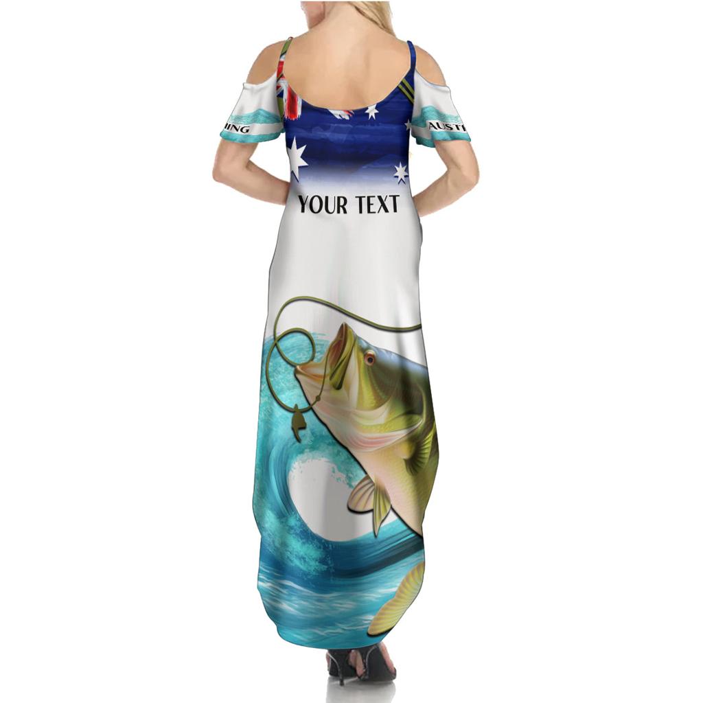 Personalised Australia Fishing Family Matching Summer Maxi Dress and Hawaiian Shirt Barramundi With Ocean Waves Flag Grunge Style