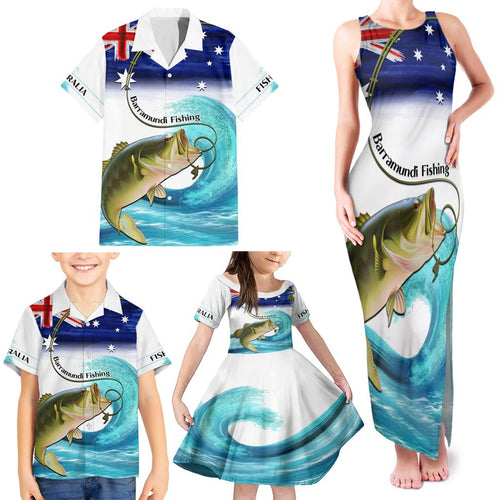 Personalised Australia Fishing Family Matching Tank Maxi Dress and Hawaiian Shirt Barramundi With Ocean Waves Flag Grunge Style