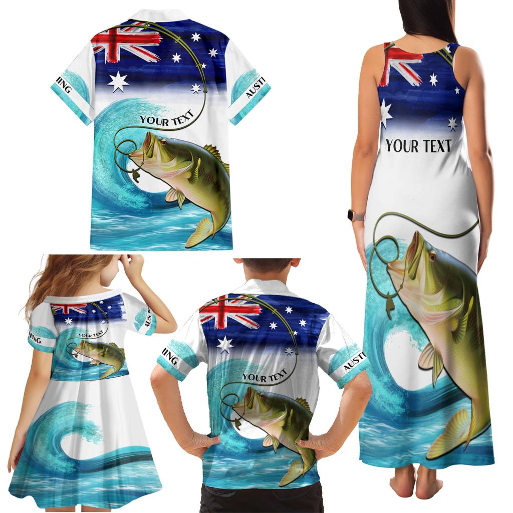 Personalised Australia Fishing Family Matching Tank Maxi Dress and Hawaiian Shirt Barramundi With Ocean Waves Flag Grunge Style