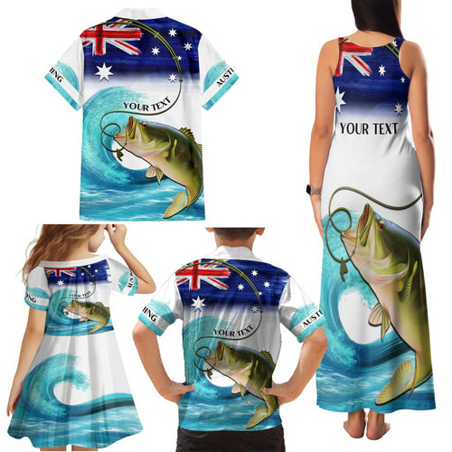 Personalised Australia Fishing Family Matching Tank Maxi Dress and Hawaiian Shirt Barramundi With Ocean Waves Flag Grunge Style