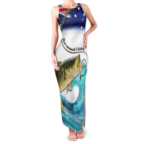 Personalised Australia Fishing Family Matching Tank Maxi Dress and Hawaiian Shirt Barramundi With Ocean Waves Flag Grunge Style