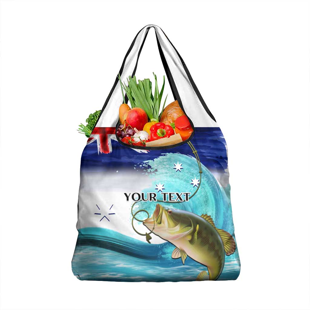 Personalised Australia Fishing Grocery Bag Barramundi With Ocean Waves Flag Grunge Style