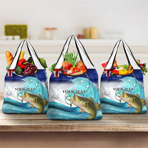 Personalised Australia Fishing Grocery Bag Barramundi With Ocean Waves Flag Grunge Style