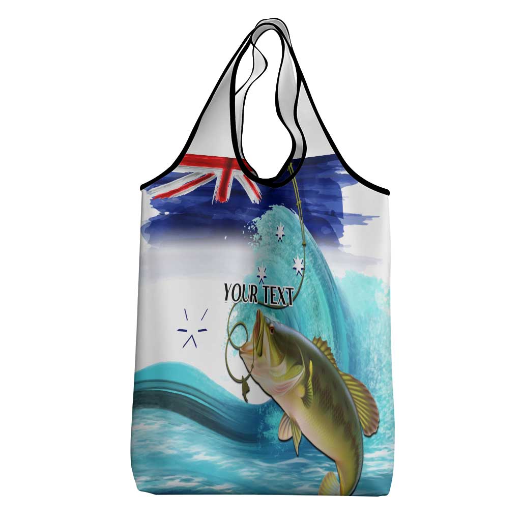 Personalised Australia Fishing Grocery Bag Barramundi With Ocean Waves Flag Grunge Style