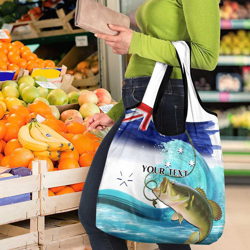 Personalised Australia Fishing Grocery Bag Barramundi With Ocean Waves Flag Grunge Style