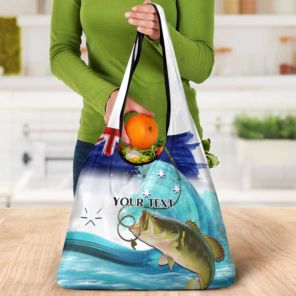 Personalised Australia Fishing Grocery Bag Barramundi With Ocean Waves Flag Grunge Style
