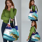Personalised Australia Fishing Grocery Bag Barramundi With Ocean Waves Flag Grunge Style