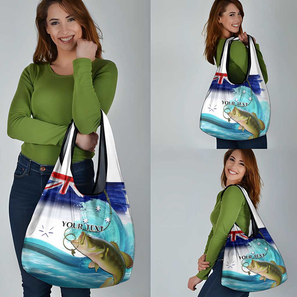 Personalised Australia Fishing Grocery Bag Barramundi With Ocean Waves Flag Grunge Style