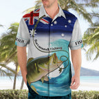 Personalised Australia Fishing Hawaiian Shirt Barramundi With Ocean Waves Flag Grunge Style