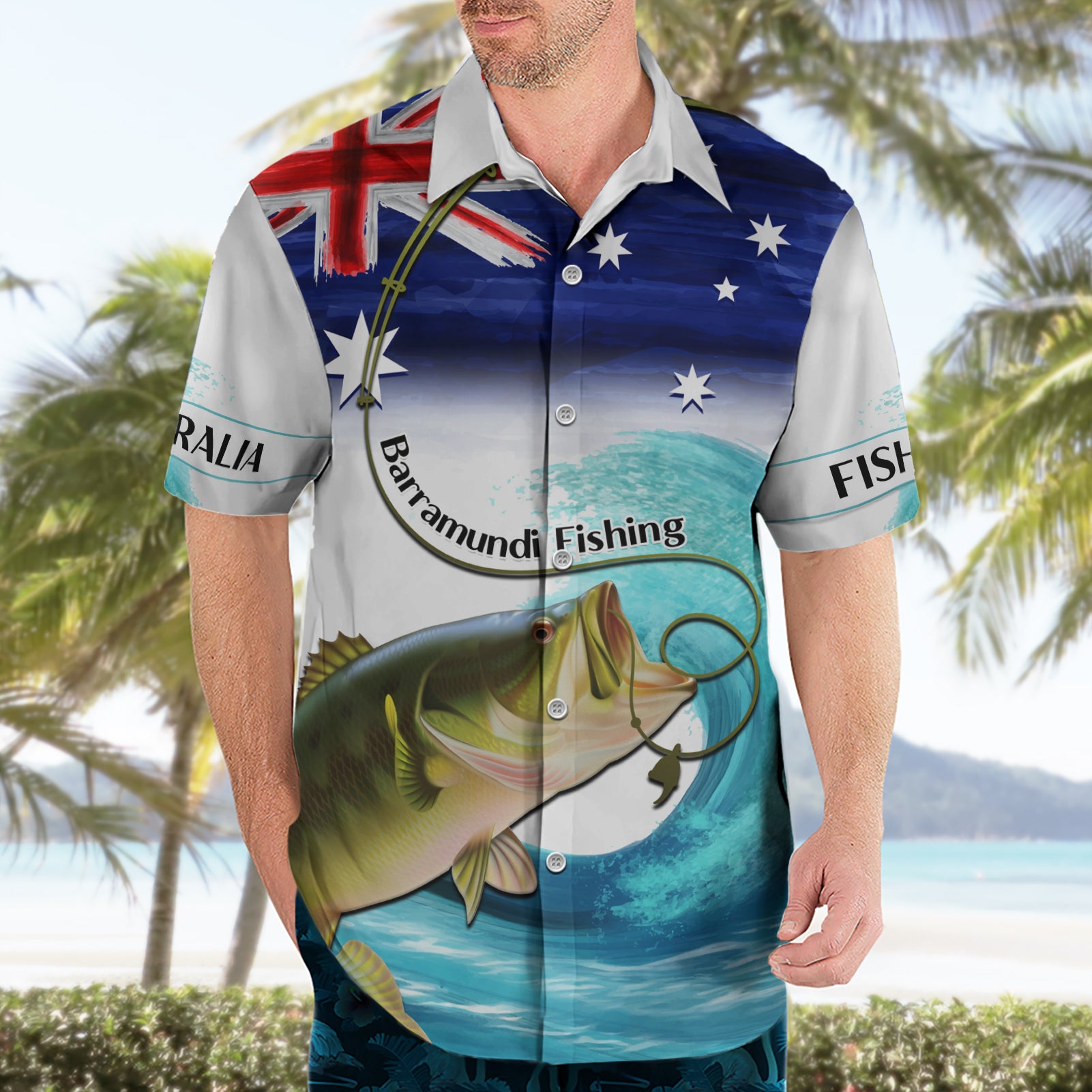 Personalised Australia Fishing Hawaiian Shirt Barramundi With Ocean Waves Flag Grunge Style