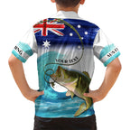 Personalised Australia Fishing Hawaiian Shirt Barramundi With Ocean Waves Flag Grunge Style