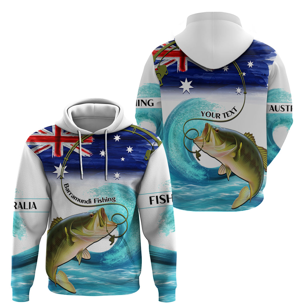 Personalised Australia Fishing Hoodie Barramundi With Ocean Waves Flag Grunge Style