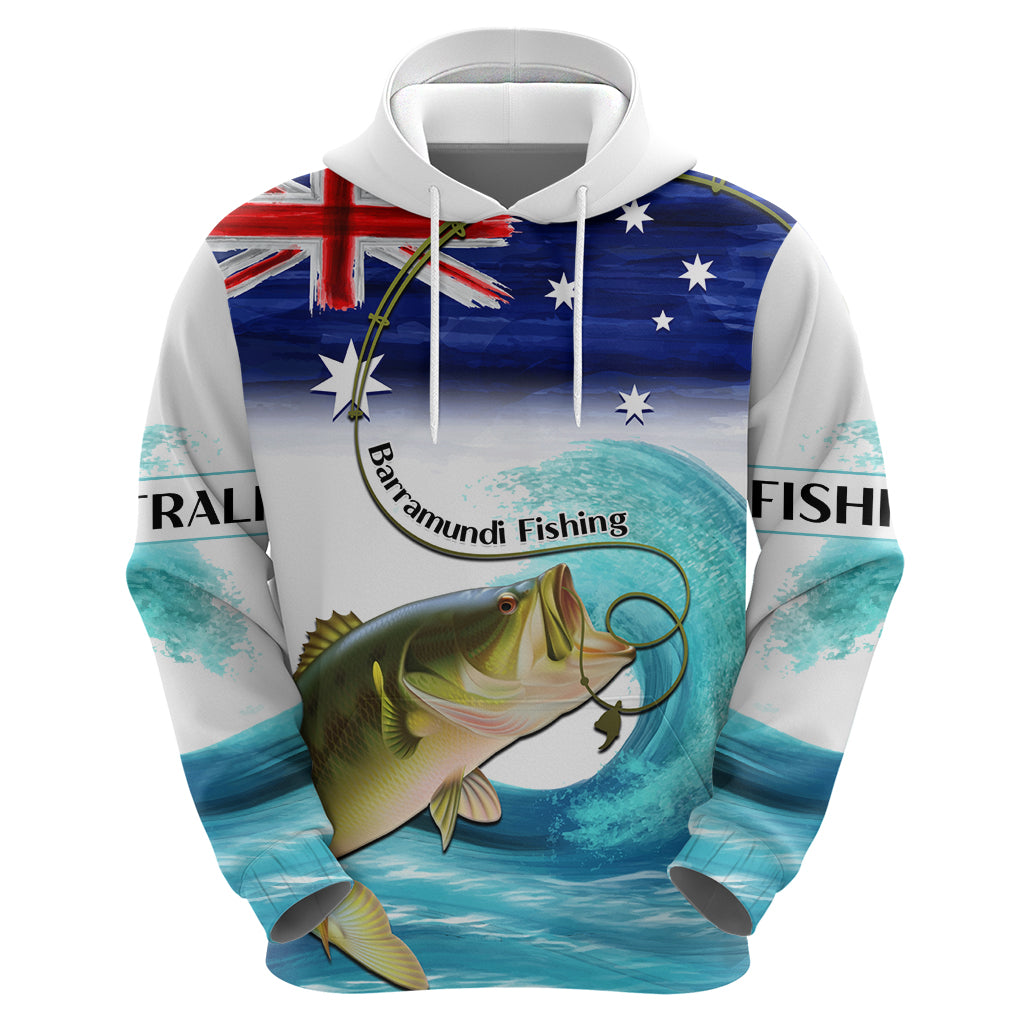 Personalised Australia Fishing Hoodie Barramundi With Ocean Waves Flag Grunge Style