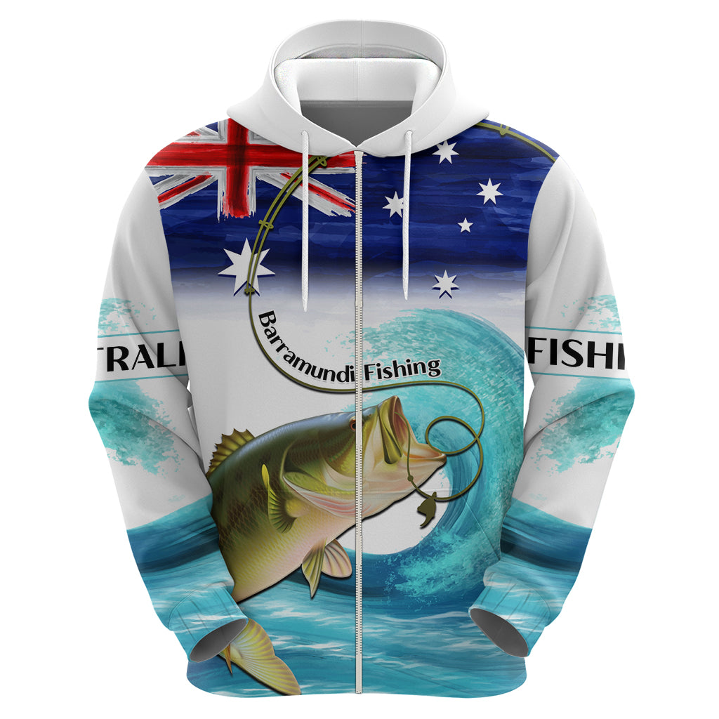 Personalised Australia Fishing Hoodie Barramundi With Ocean Waves Flag Grunge Style