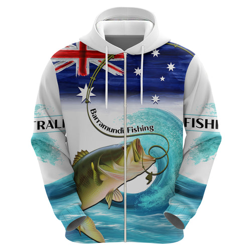 Personalised Australia Fishing Hoodie Barramundi With Ocean Waves Flag Grunge Style