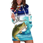 Personalised Australia Fishing Hoodie Dress Barramundi With Ocean Waves Flag Grunge Style