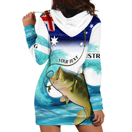 Personalised Australia Fishing Hoodie Dress Barramundi With Ocean Waves Flag Grunge Style