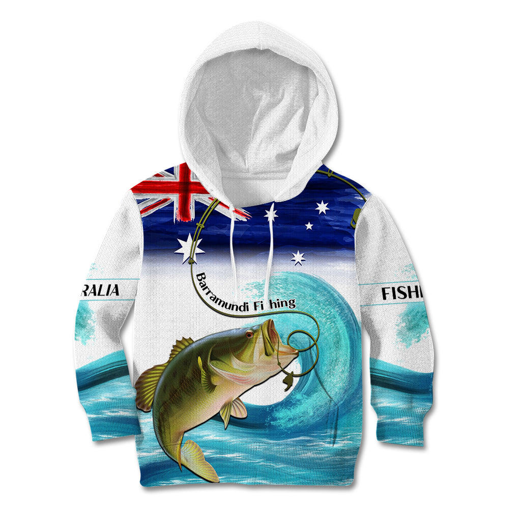 Personalised Australia Fishing Kid Hoodie Barramundi With Ocean Waves Flag Grunge Style