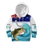 Personalised Australia Fishing Kid Hoodie Barramundi With Ocean Waves Flag Grunge Style