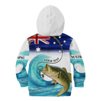 Personalised Australia Fishing Kid Hoodie Barramundi With Ocean Waves Flag Grunge Style