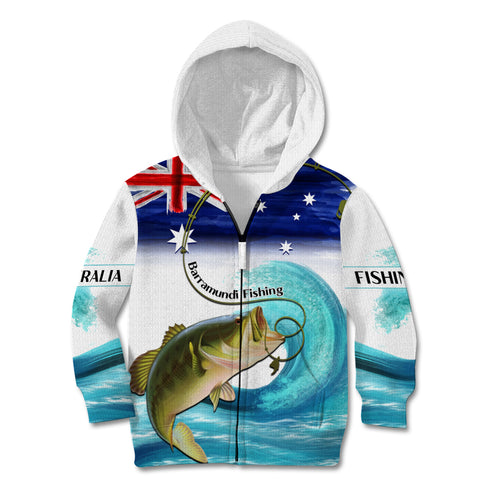 Personalised Australia Fishing Kid Hoodie Barramundi With Ocean Waves Flag Grunge Style