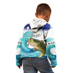 Personalised Australia Fishing Kid Hoodie Barramundi With Ocean Waves Flag Grunge Style