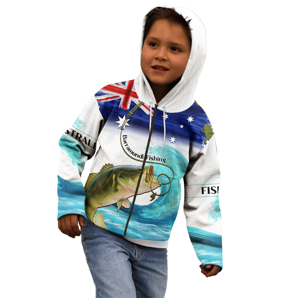 Personalised Australia Fishing Kid Hoodie Barramundi With Ocean Waves Flag Grunge Style