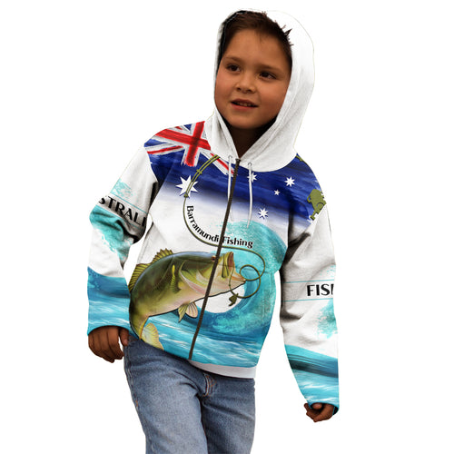 Personalised Australia Fishing Kid Hoodie Barramundi With Ocean Waves Flag Grunge Style