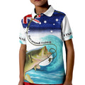 Personalised Australia Fishing Kid Polo Shirt Barramundi With Ocean Waves Flag Grunge Style