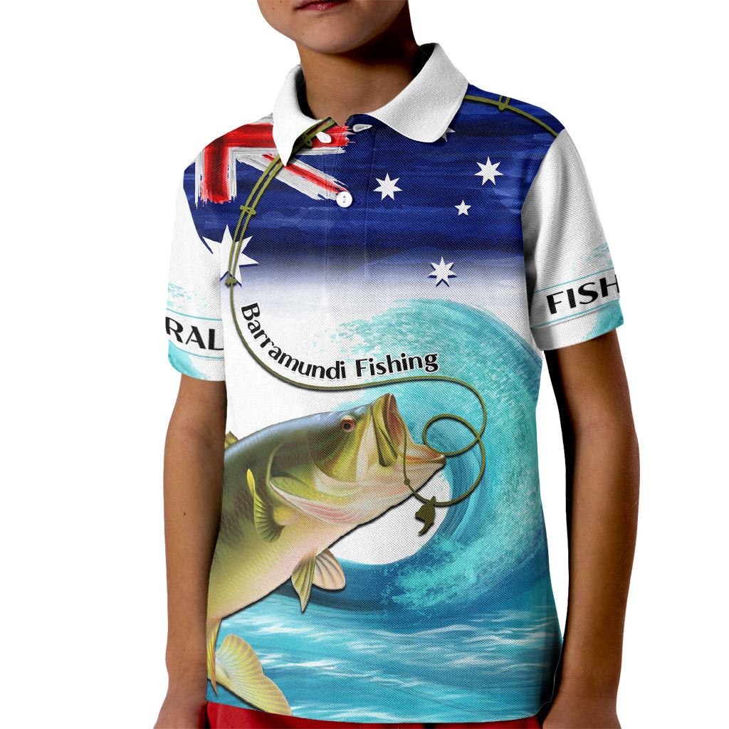 Personalised Australia Fishing Kid Polo Shirt Barramundi With Ocean Waves Flag Grunge Style