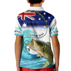 Personalised Australia Fishing Kid Polo Shirt Barramundi With Ocean Waves Flag Grunge Style