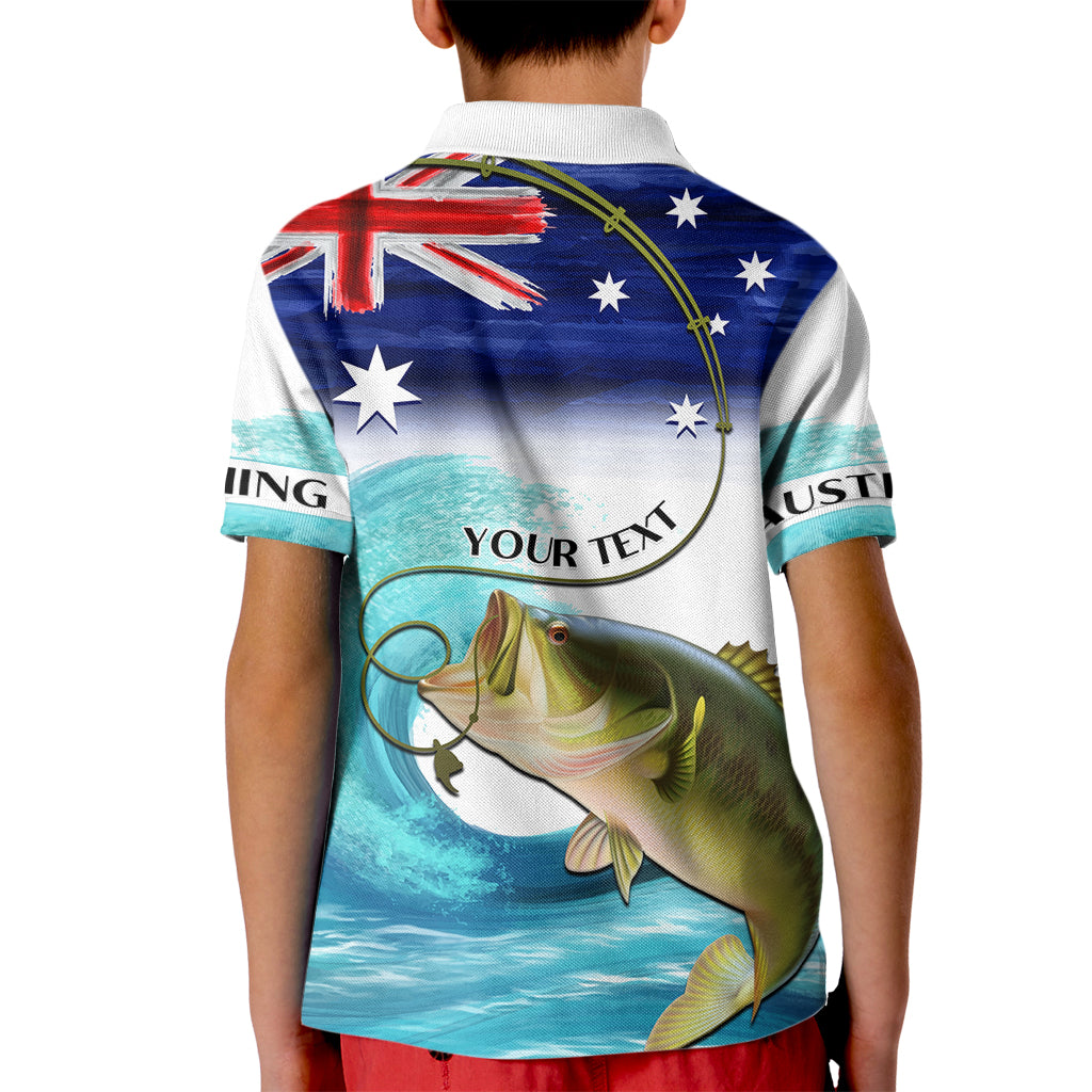 Personalised Australia Fishing Kid Polo Shirt Barramundi With Ocean Waves Flag Grunge Style