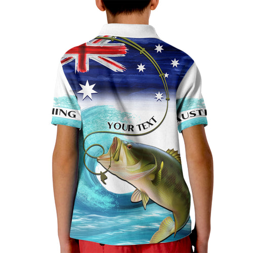 Personalised Australia Fishing Kid Polo Shirt Barramundi With Ocean Waves Flag Grunge Style