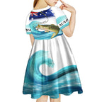 Personalised Australia Fishing Kid Short Sleeve Dress Barramundi With Ocean Waves Flag Grunge Style
