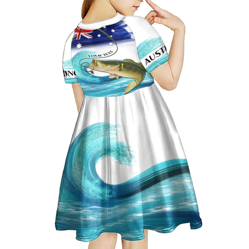 Personalised Australia Fishing Kid Short Sleeve Dress Barramundi With Ocean Waves Flag Grunge Style