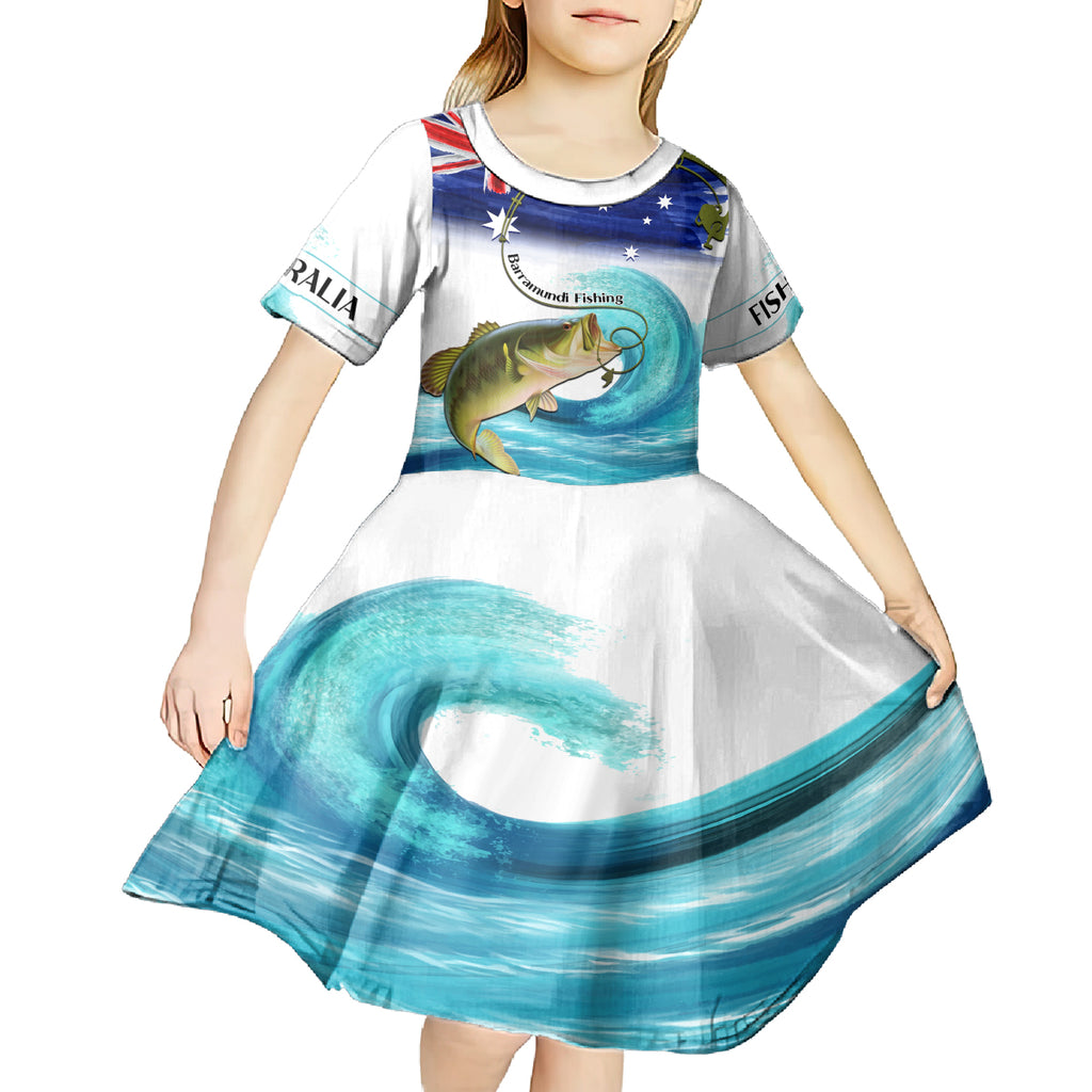 Personalised Australia Fishing Kid Short Sleeve Dress Barramundi With Ocean Waves Flag Grunge Style