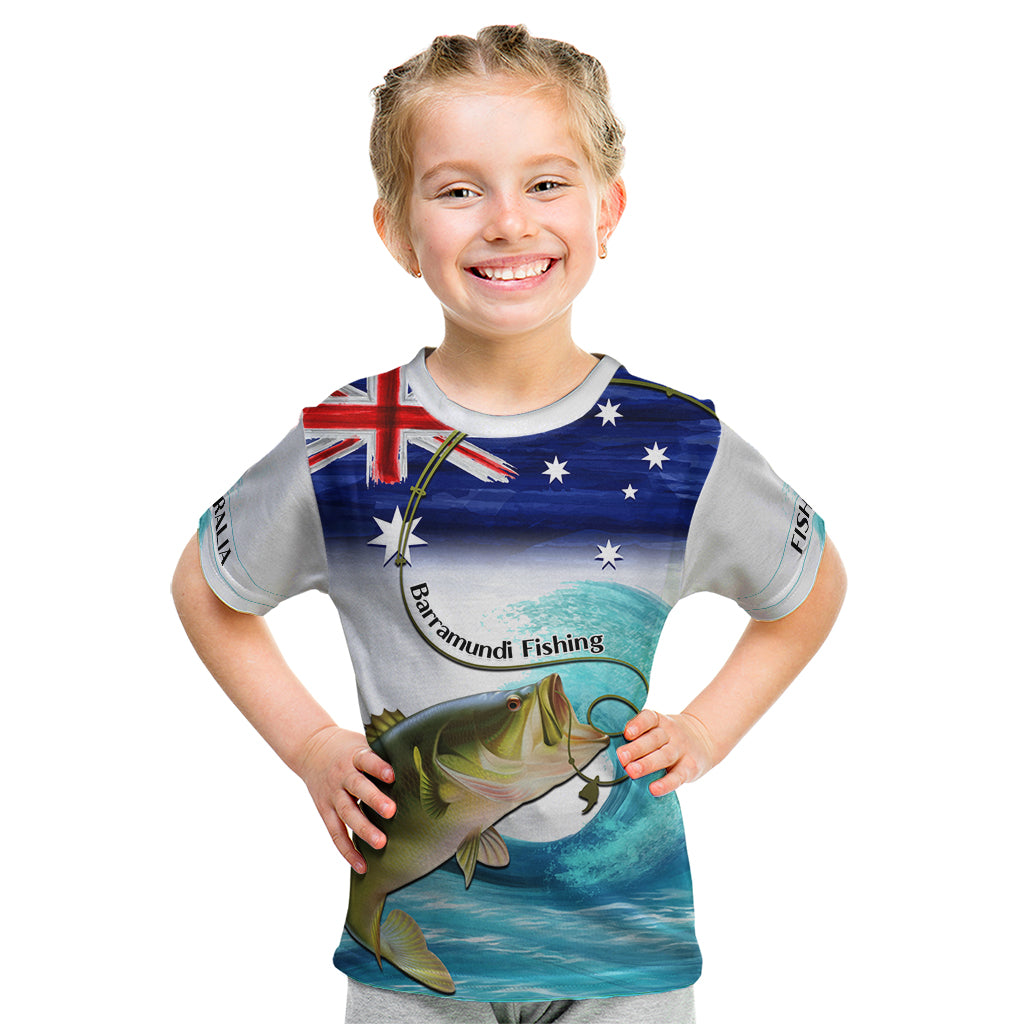 Personalised Australia Fishing Kid T Shirt Barramundi With Ocean Waves Flag Grunge Style
