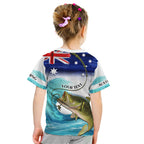 Personalised Australia Fishing Kid T Shirt Barramundi With Ocean Waves Flag Grunge Style