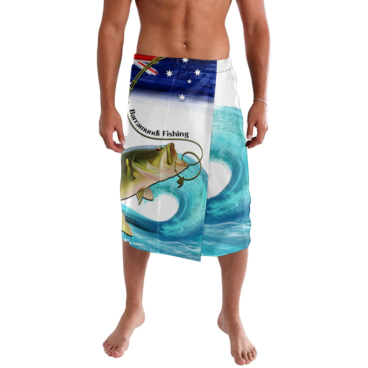 Personalised Australia Fishing Lavalava Barramundi With Ocean Waves Flag Grunge Style