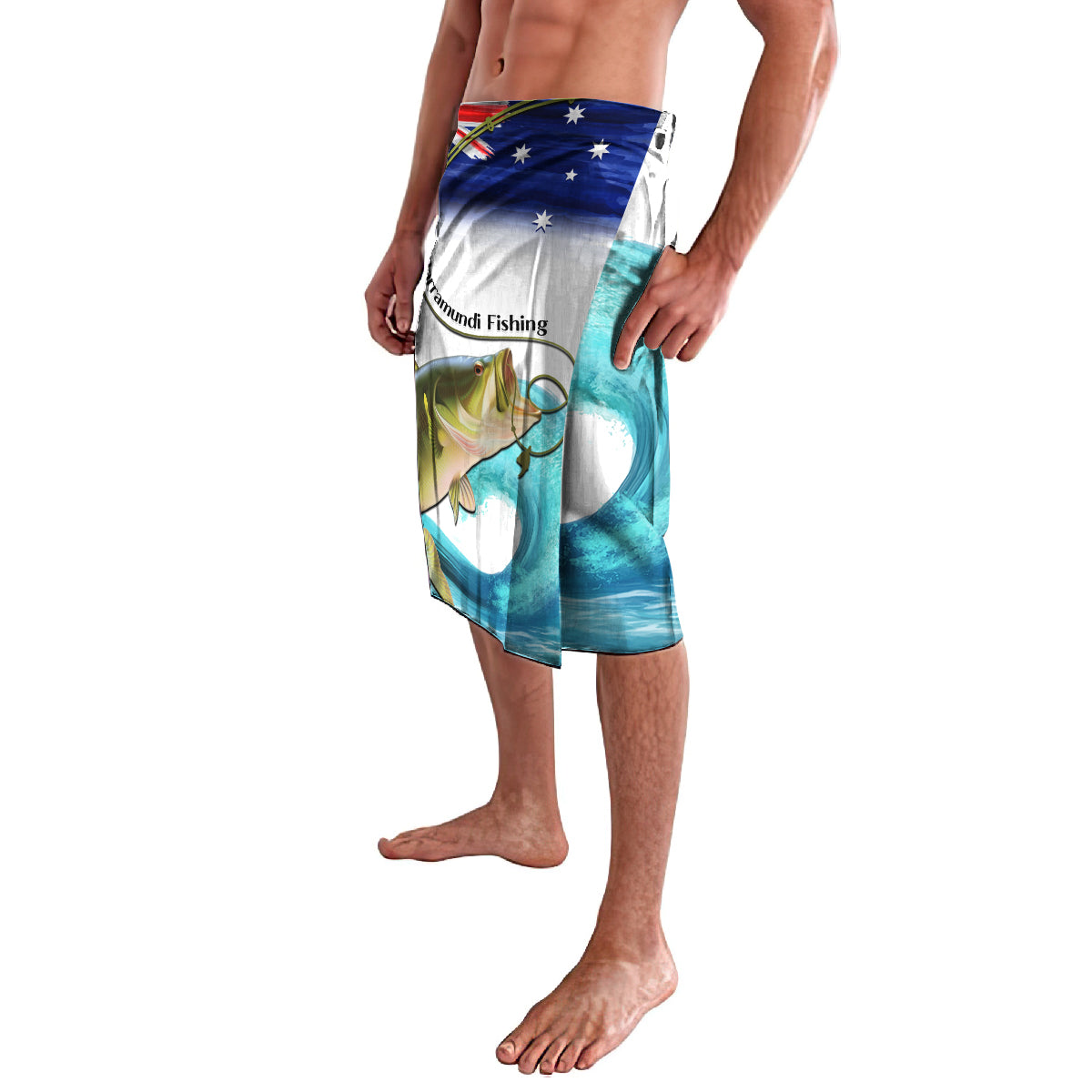 Personalised Australia Fishing Lavalava Barramundi With Ocean Waves Flag Grunge Style
