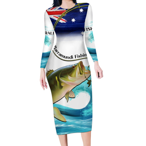 Personalised Australia Fishing Long Sleeve Bodycon Dress Barramundi With Ocean Waves Flag Grunge Style