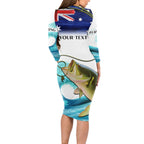 Personalised Australia Fishing Long Sleeve Bodycon Dress Barramundi With Ocean Waves Flag Grunge Style