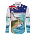 Personalised Australia Fishing Long Sleeve Button Shirt Barramundi With Ocean Waves Flag Grunge Style